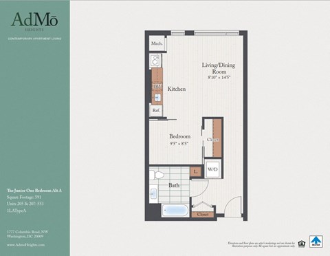 Floor plan for 1 bed, 1 bath, 591 sqft
